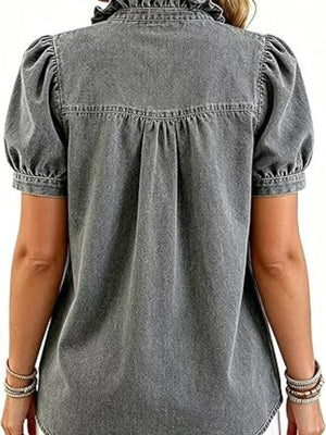 medium blue blouse with ruffled and puff sleeve