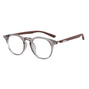 Chic round frame glasses with clear lenses and brown wood-look temples.