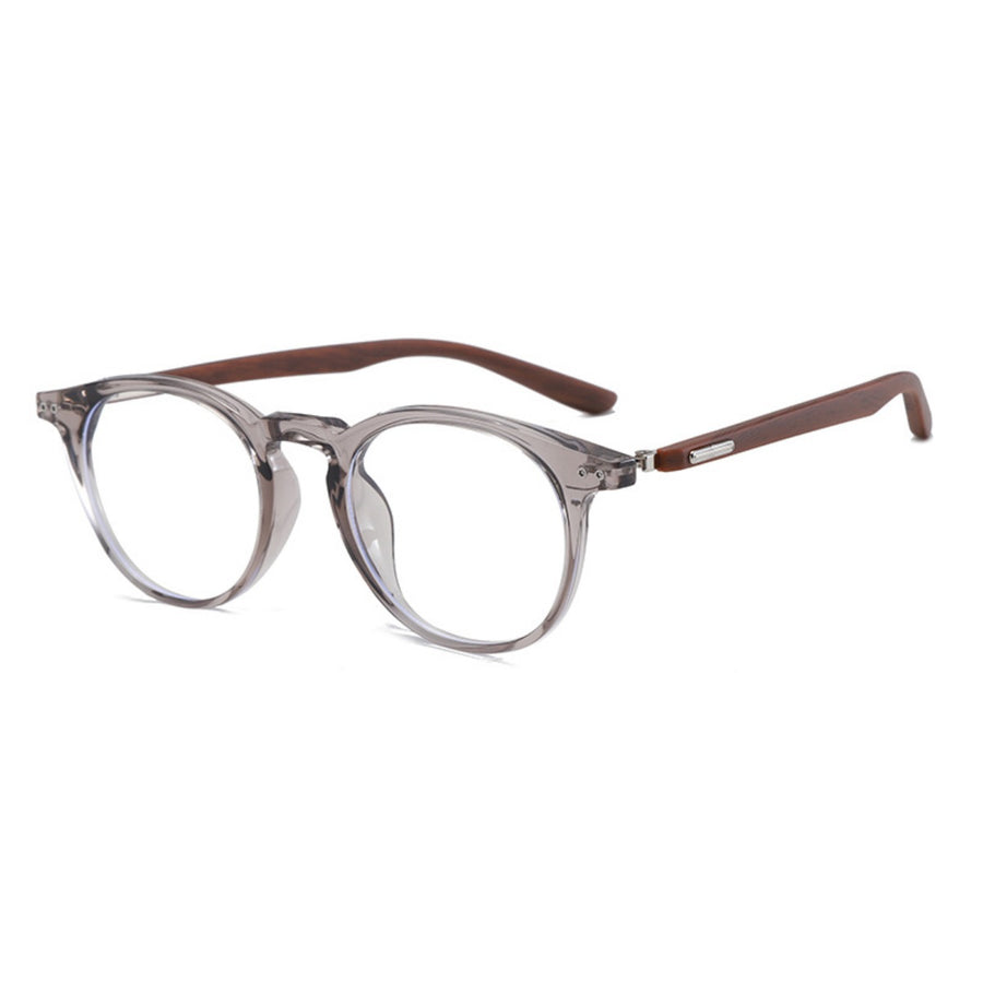Chic round frame glasses with clear lenses and brown wood-look temples.