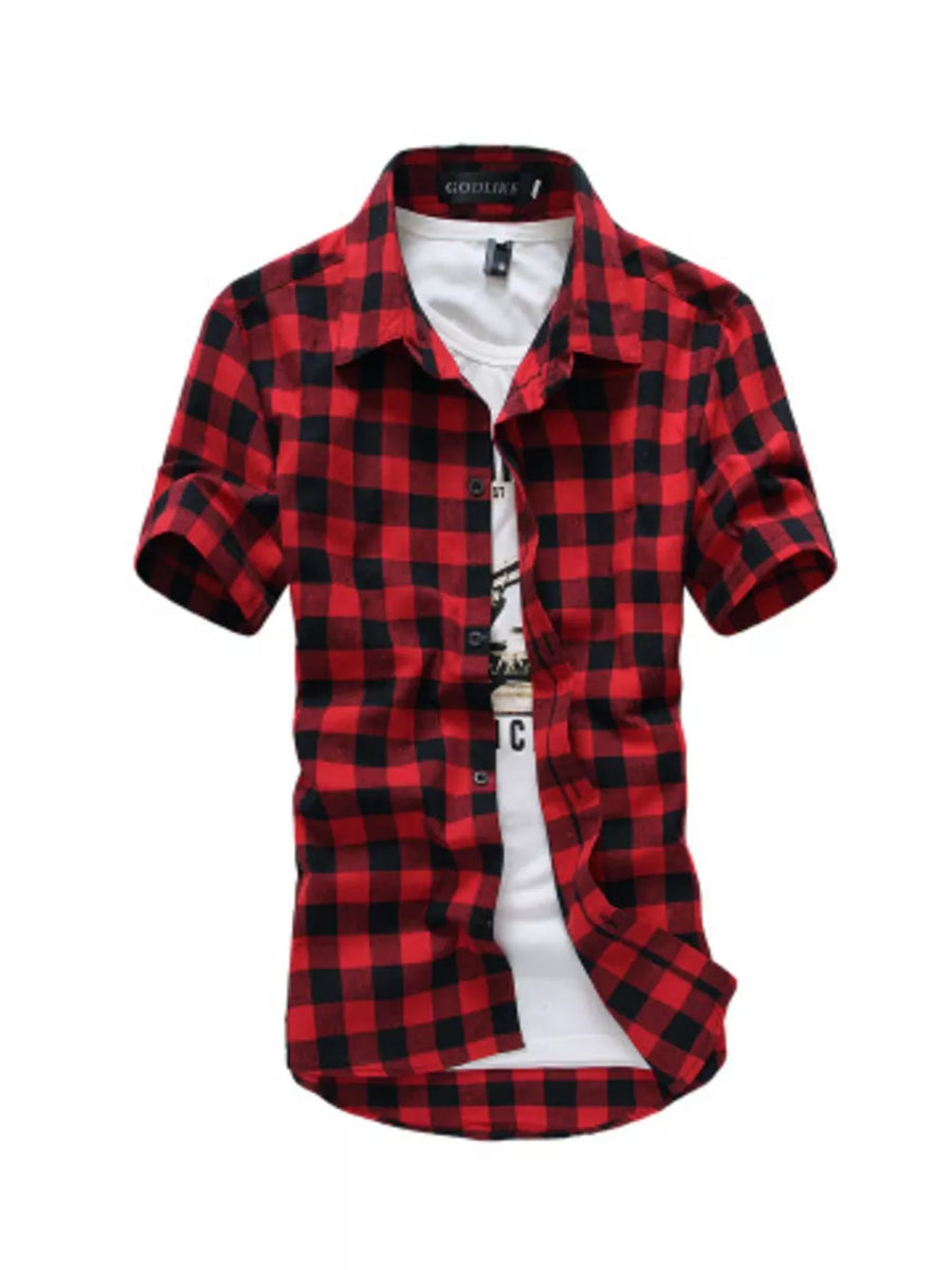 Red and black buffalo check short sleeve button-down shirt over a white graphic tee.
