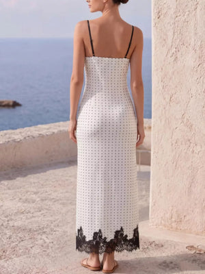 black maxi dress featuring lace detail and polka dot