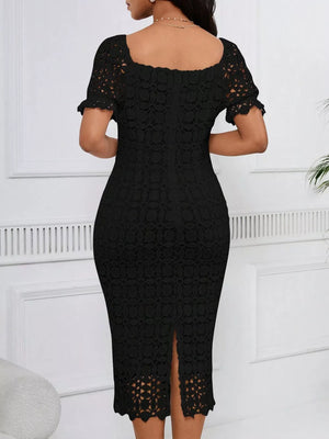 Black lace midi dress with square neckline, short sleeves and back slit.