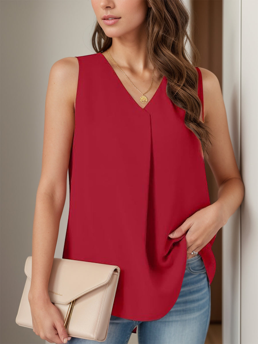 Deep Red sleeveless blouse with V-neck and front pleats.