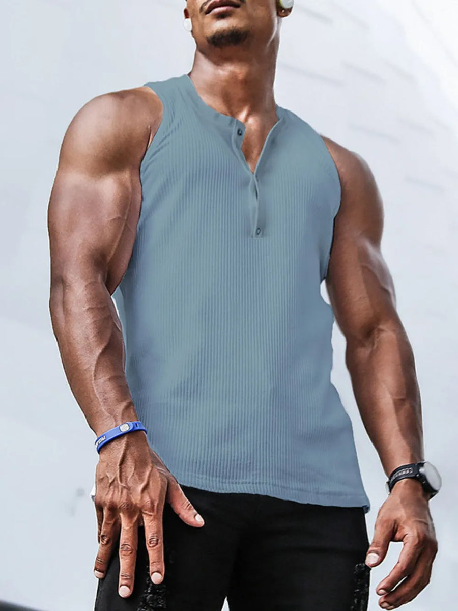 Ribbed Henley tank top in Air Force Blue with button placket and sleeveless cut.