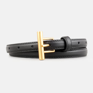 Black premium cowhide leather belt with gold T-buckle