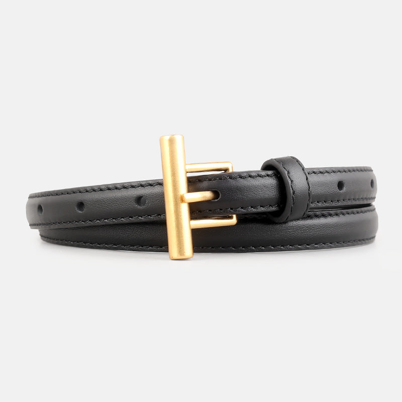 Black premium cowhide leather belt with gold T-buckle