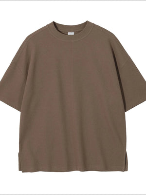 Waffle knit boxy t-shirt in taupe with crew neck and short sleeves.