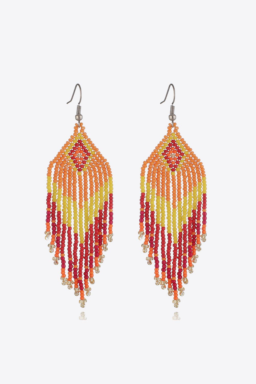 Beaded diamond fringe earrings in orange, yellow, red, and pink with gold accents.
