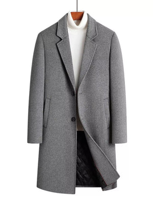Men's grey classic overcoat with notch lapels and button front, tailored fit.