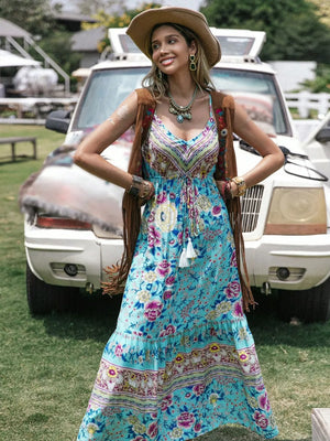 Floral tiered cami maxi dress with tassels and a tie waist in blue with pink and yellow flowers