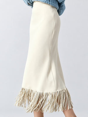 Slit High-Waisted Fringe Midi Skirt in Dark Blue with fringe