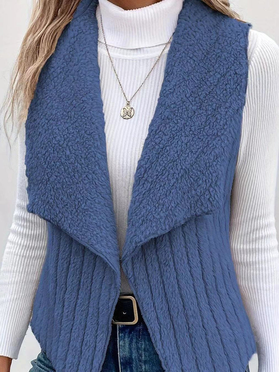 Textured teddy collarless vest in Dusty Blue with a waterfall collar.