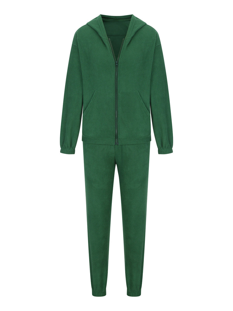 Dark green fleece hoodie with zipper and pockets, paired with matching jogger pants.