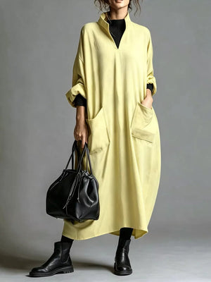 Loose-fit Mock Neck Midi Dress With Pockets in Khaki with oversized