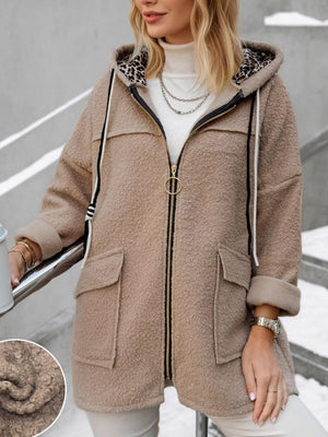 zip hoodie in camel featuring drawstring hood and relaxed fit