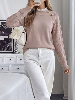 mock neck sweater in Pink with openwork and lace detail