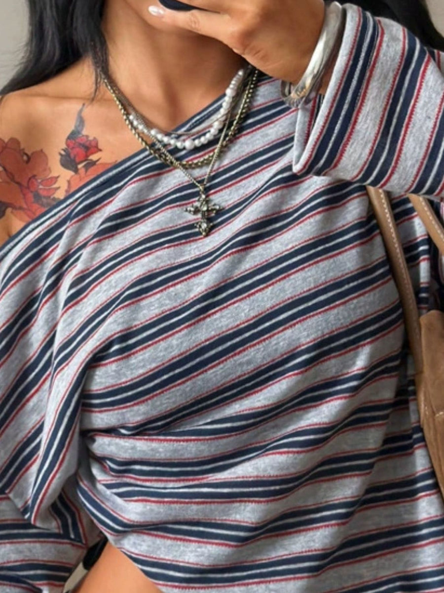 navy blue off-shoulder top featuring asymmetrical and striped