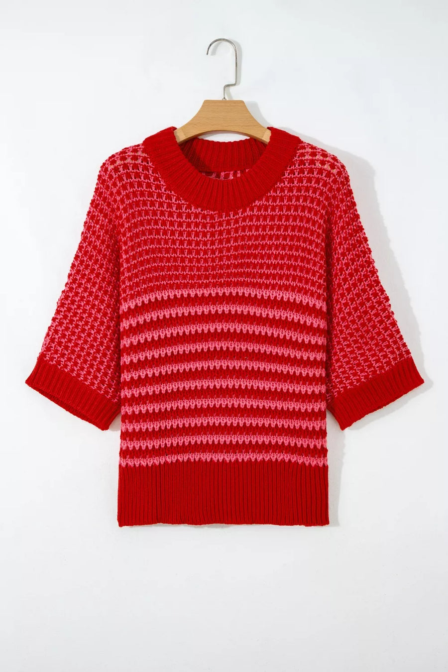 Red and pink striped crochet knit sweater with crew neck and short sleeves.
