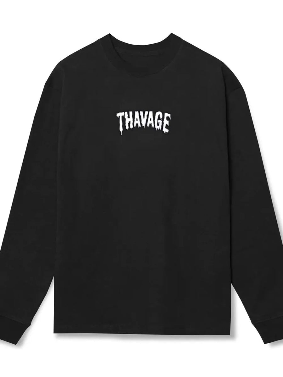 Black long sleeve t-shirt with white dripped logo graphic on chest