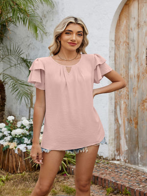 Pale Blush Keyhole Neckline Flutter Sleeve Top