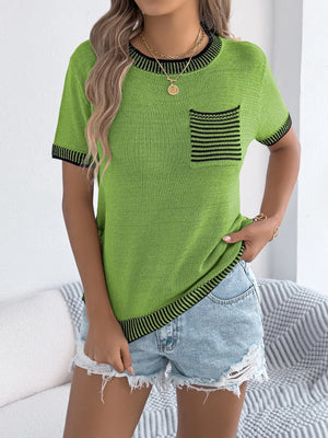 Vonili Green Contrast Trim Pocket Knit Tee