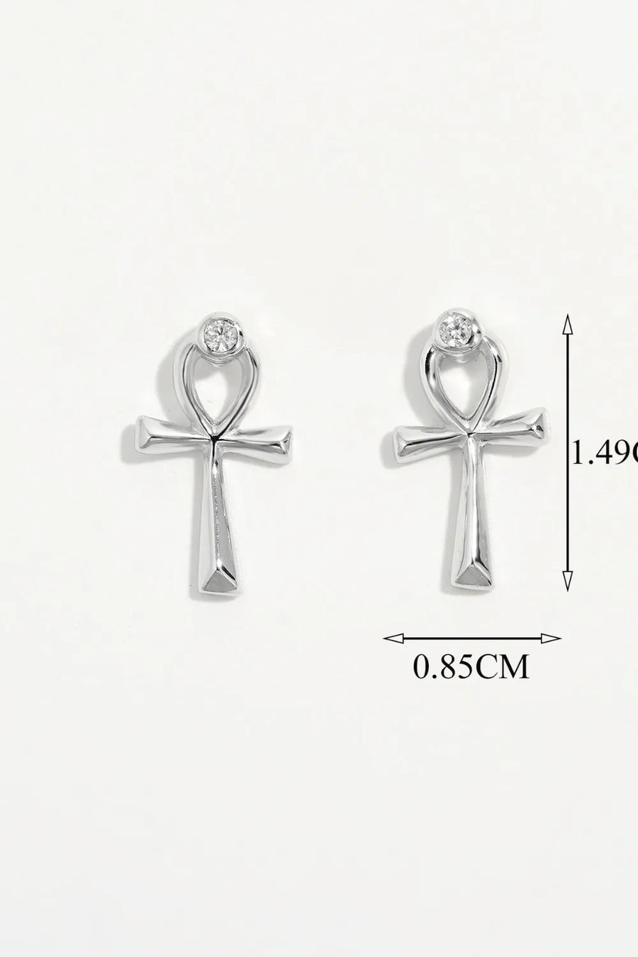 Silver ankh stud earrings with zircon detail