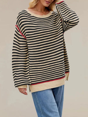 pullover sweater in pale yellow with striped and ribbed