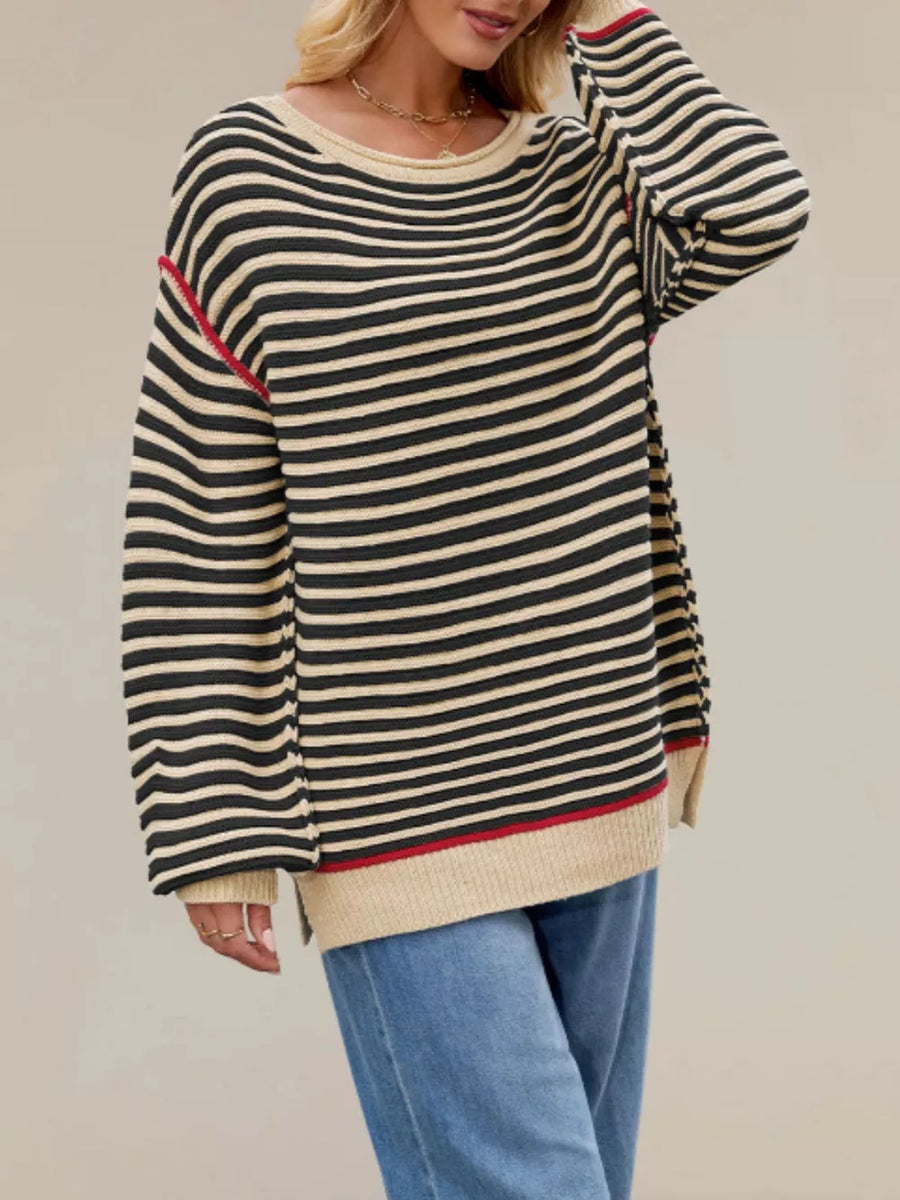 pullover sweater in pale yellow with striped and ribbed