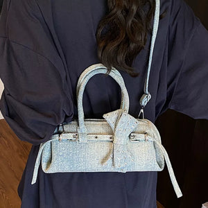 Denim Bow Accent Crossbody Bag in Blue