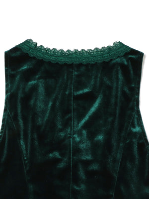 Green velvet vest with lace trim neckline and button detail