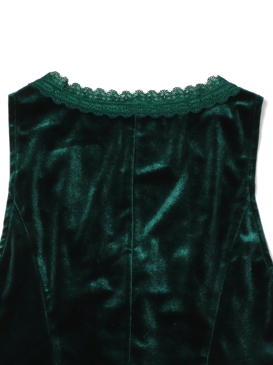 Green velvet vest with lace trim neckline and button detail