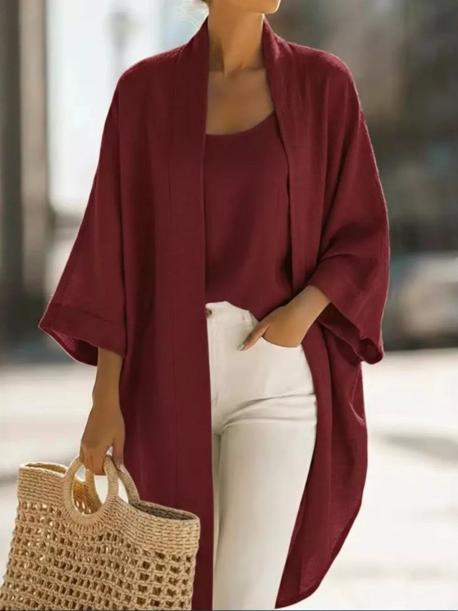 cardigan in White with two-piece set and hip-length