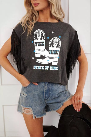 Fringe graphic tee with cowboy boots and text, black cotton t-shirt with fringe sleeves.