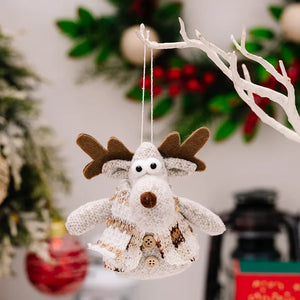 Knitted reindeer Christmas ornament in Style A, with brown antlers and a patterned sweater with buttons.