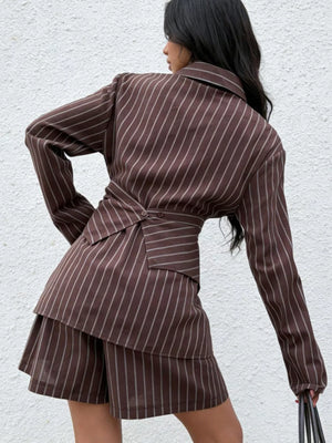 brown two-piece set with mini and wrap
