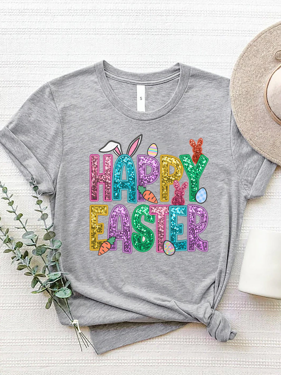 Gray t-shirt with glittery Happy Easter graphic featuring bunnies, carrots, and eggs.