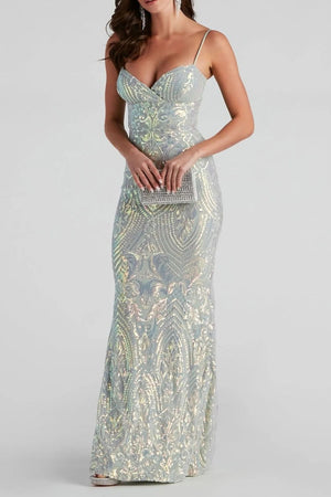 Polyester Care instructions: Hand wash cold formal gown in light blue with flared silhouette