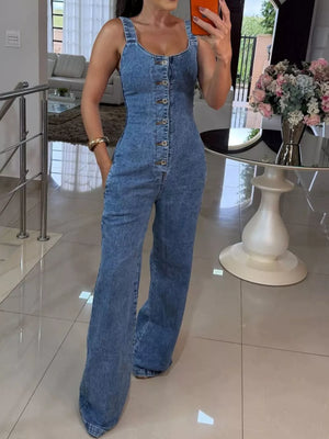 95%cotton, 5%spandex Care instructions: Machine wash cold jumpsuit in Light Blue with wide-leg silhouette