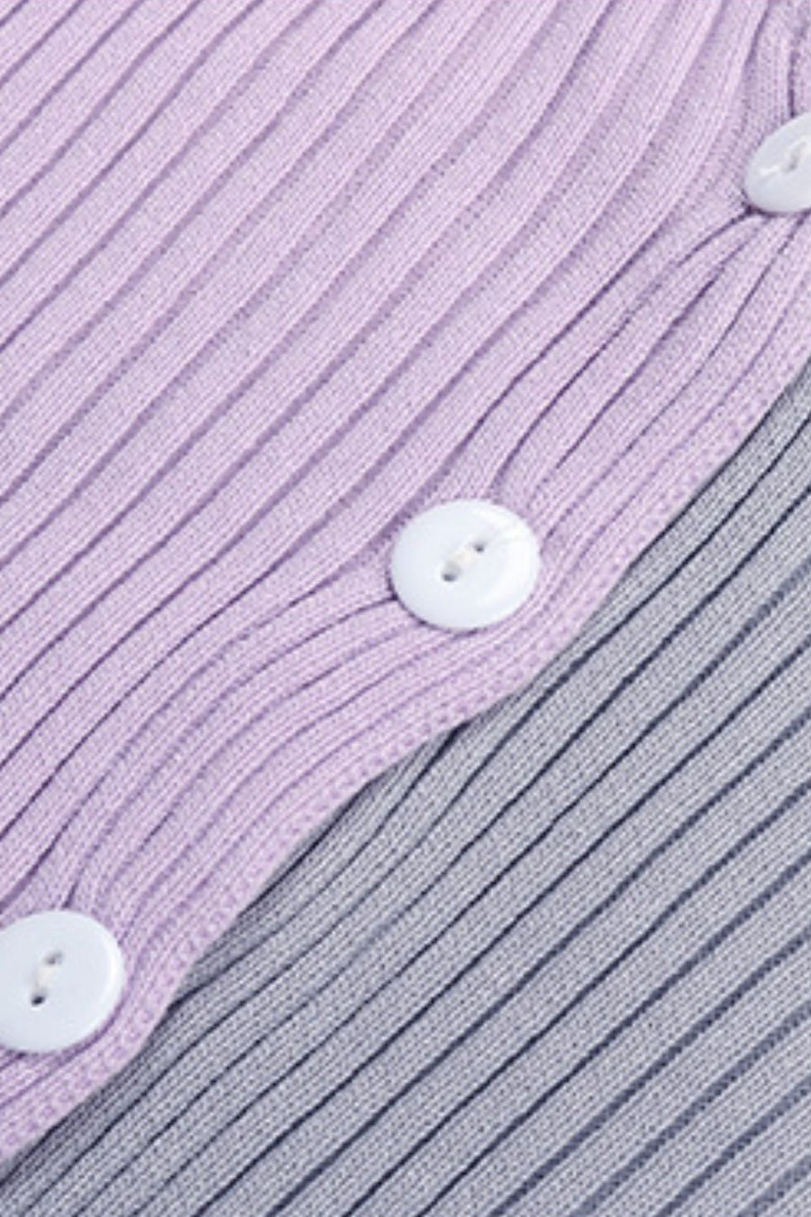 Colorblock ribbed cardigan in lavender and grey with white buttons