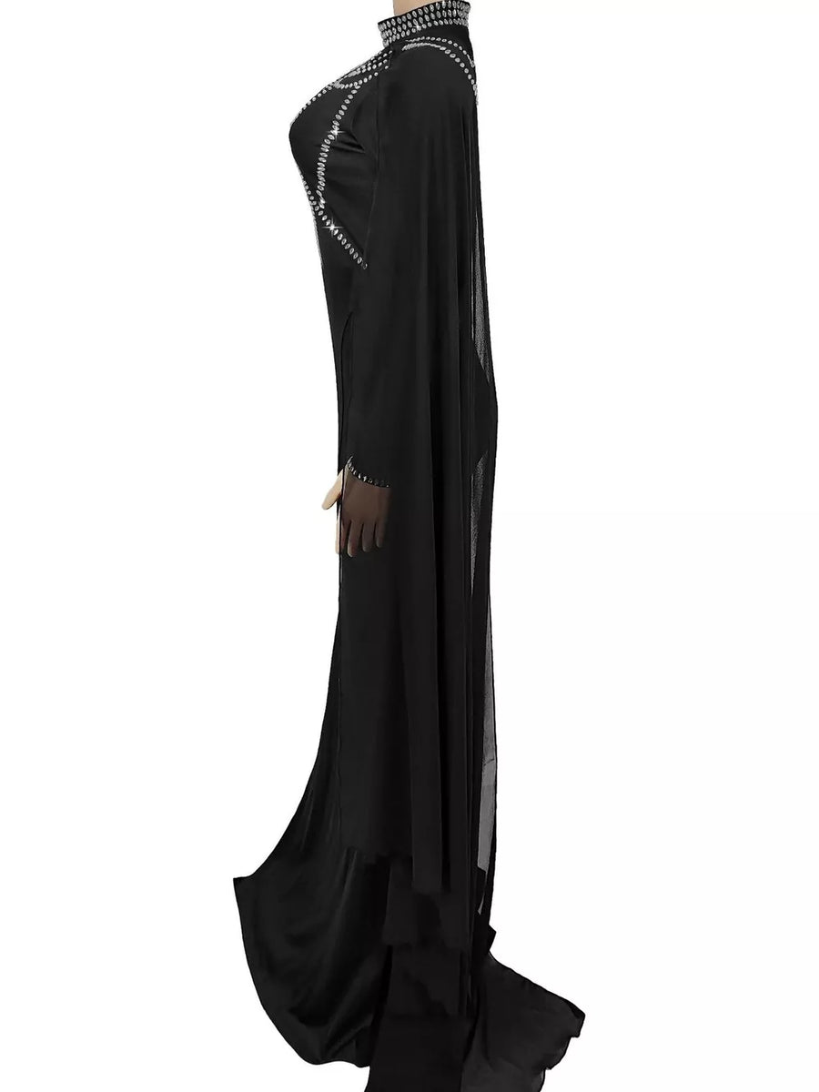 maxi dress in Gold with geometric and mesh