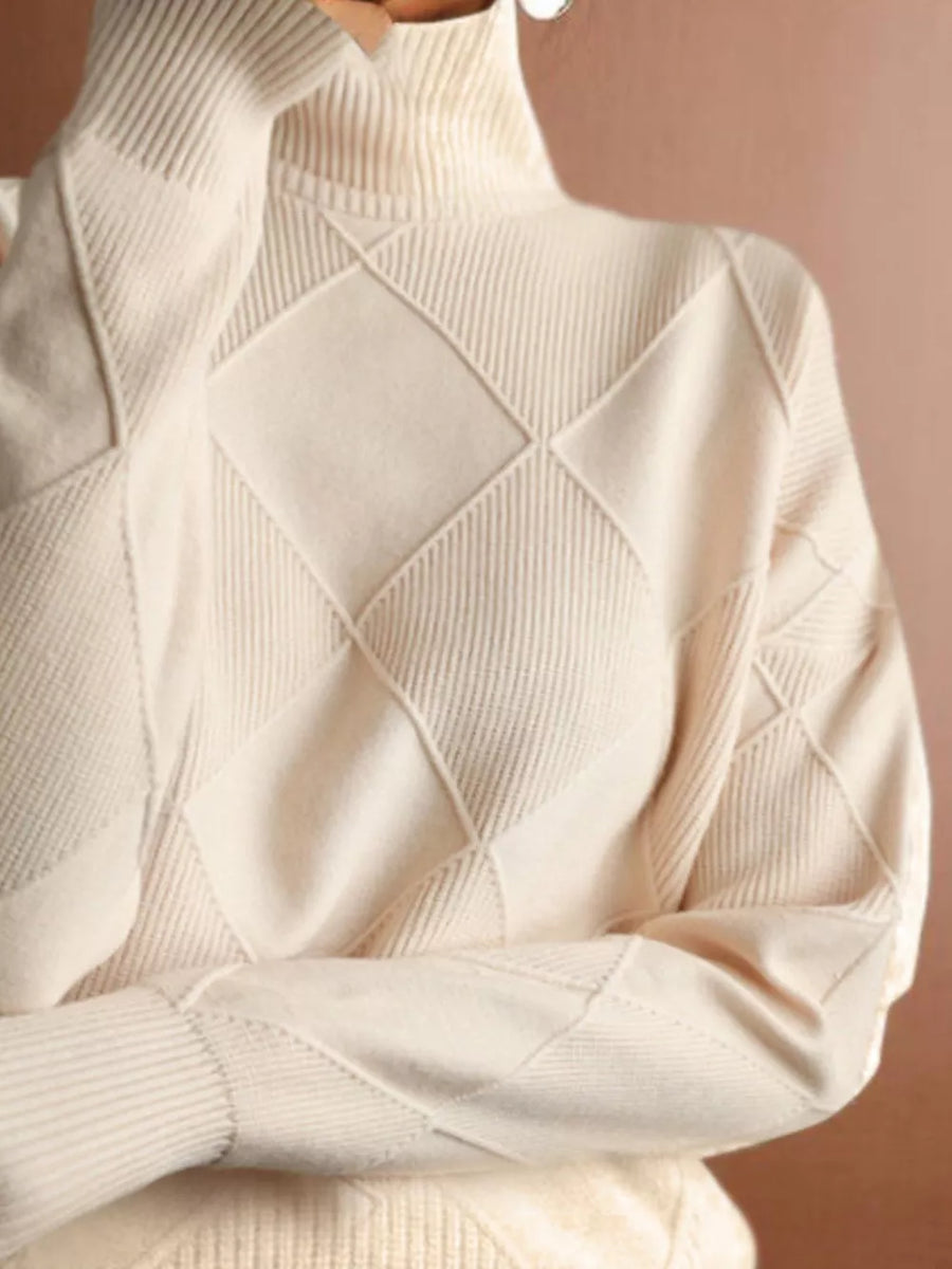 Cerise turtleneck sweater featuring ribbed and argyle