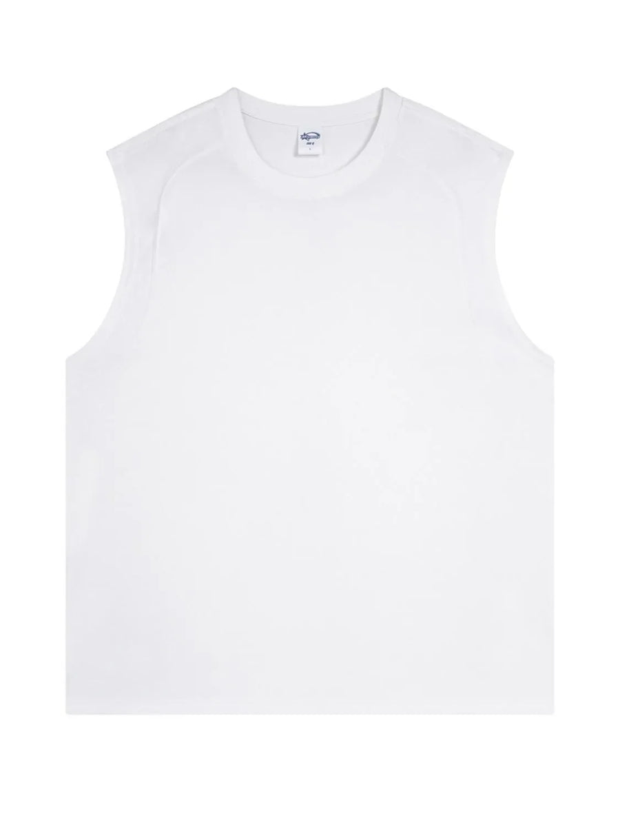 White sleeveless shoulder-seam tank top with a crew neck.