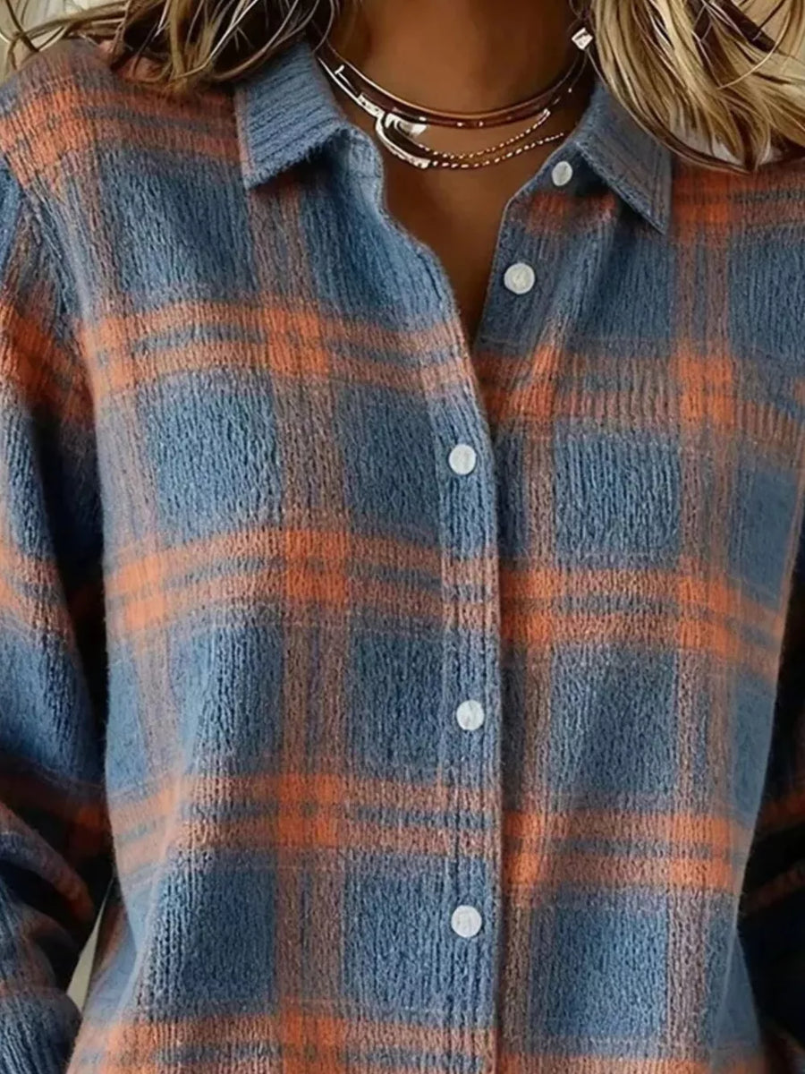 rust orange cardigan featuring ribbed and plaid