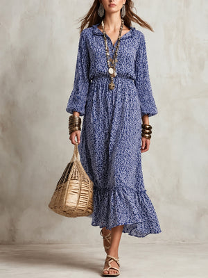 navy blue midi dress with ditsy floral and v-neck