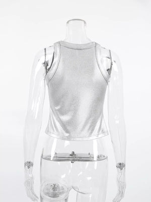 Silver fitted tank top with round neck