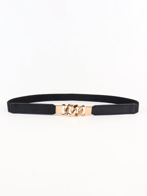 Black faux leather elastic belt with gold chain detail