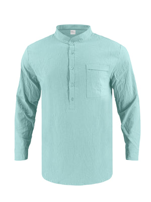 Men's long sleeve band collar shirt in light blue cotton with a chest pocket.