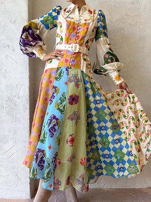 ivory maxi dress with patchwork and collared