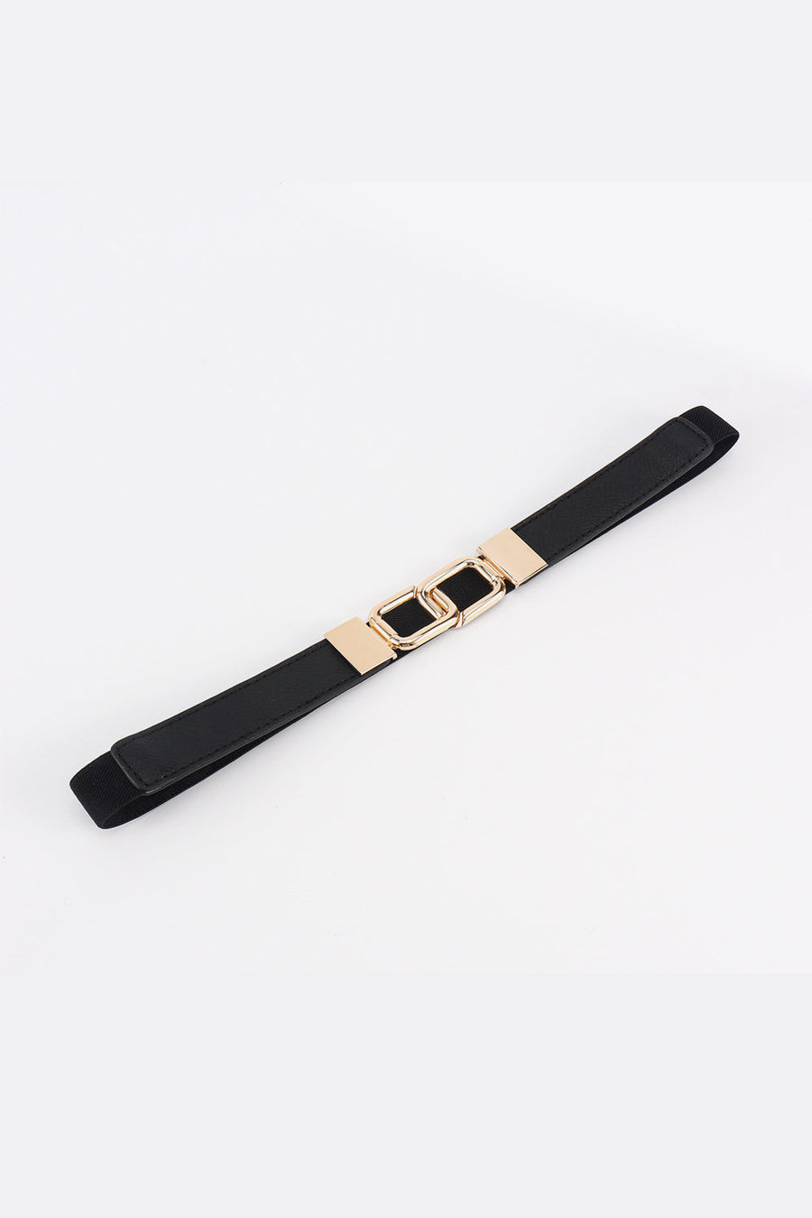 Black elastic belt with linked rectangle gold buckle and gold end caps