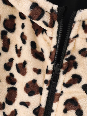 Kids leopard print hooded jacket with black zipper detail